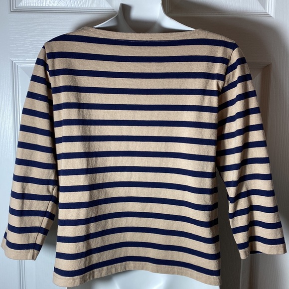 J. Crew Women’s Tan Navy Striped 3/4 Sleeve Boat Neck Cotton Shirt Size Small - Picture 6 of 6